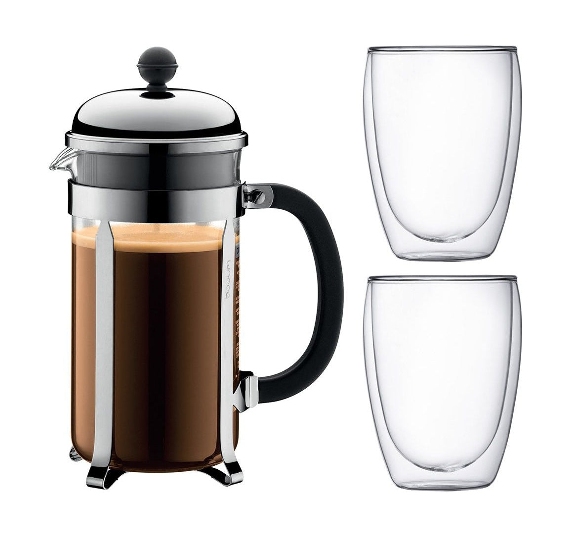 Bodum Chambord satte kaffebryggare och Pavina dubbelväggade glas krom 8 kopp, 2 st.