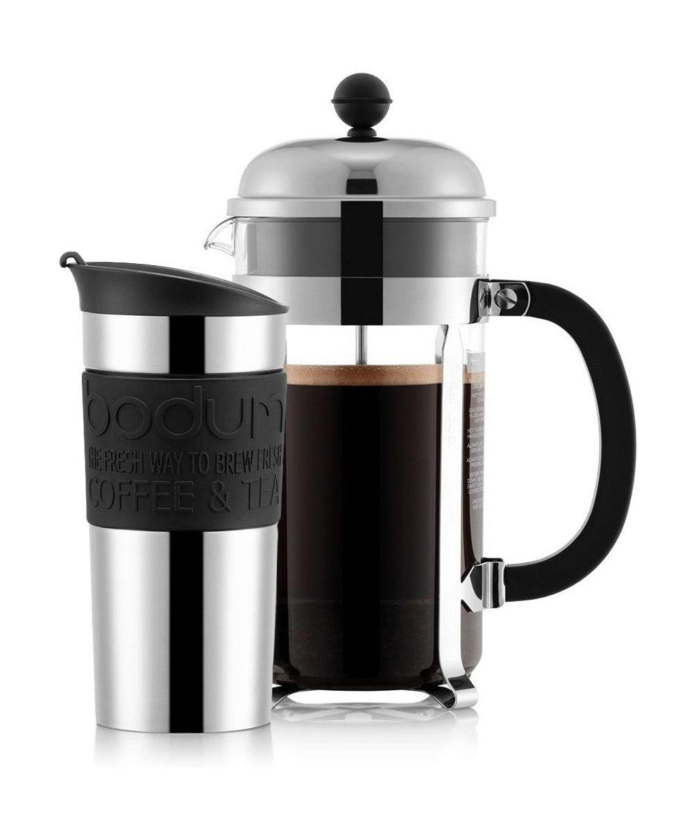 Bodum Chambord Set kaffebryggning och resemugg resmugg med klicklock dubbelväggig svart, 8 kopp