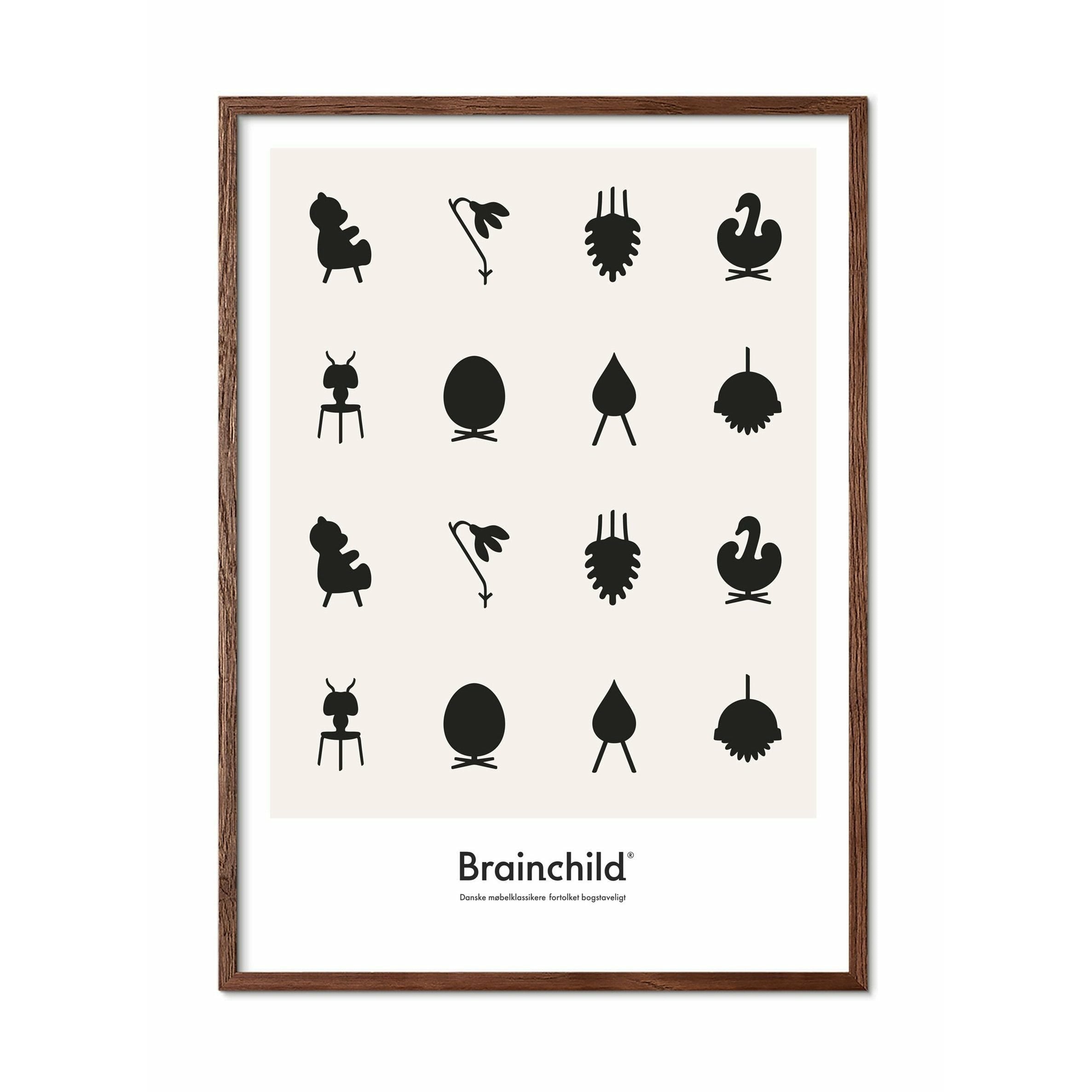 Brainchild Designikoner affisch, ram i mörkt trä 30x40 cm, grå