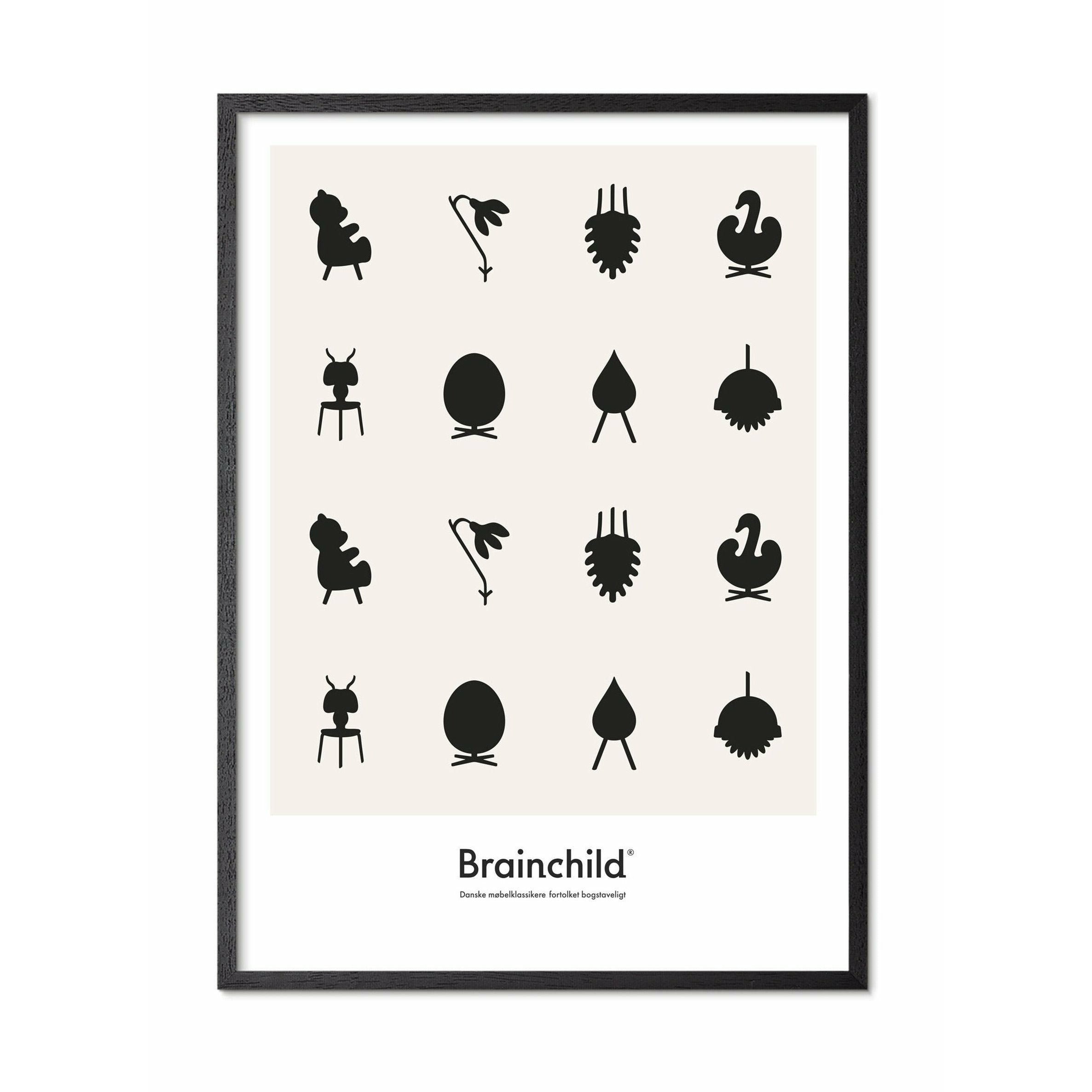 Brainchild Designikoner affisch, ram i svart -målat trä 30x40 cm, grå