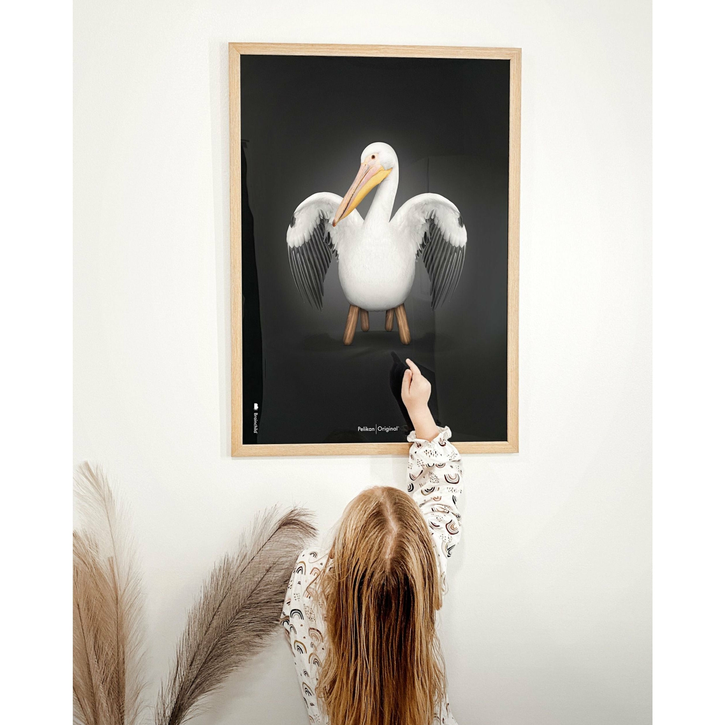 Brainchild Pelican Classic -affisch, ram i mörkt trä 70x100 cm, svart bakgrund