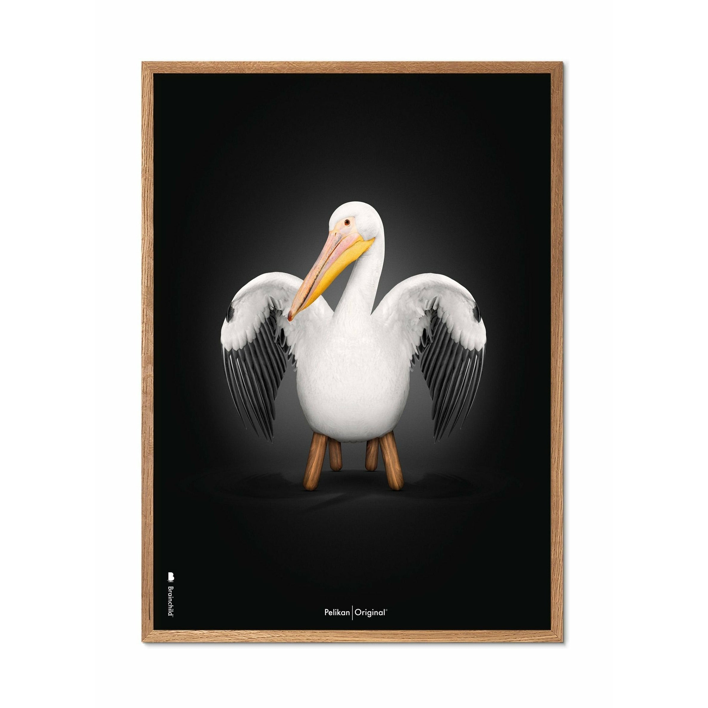 Brainchild Pelican Classic -affisch, ram i lätt trä 50x70 cm, svart bakgrund