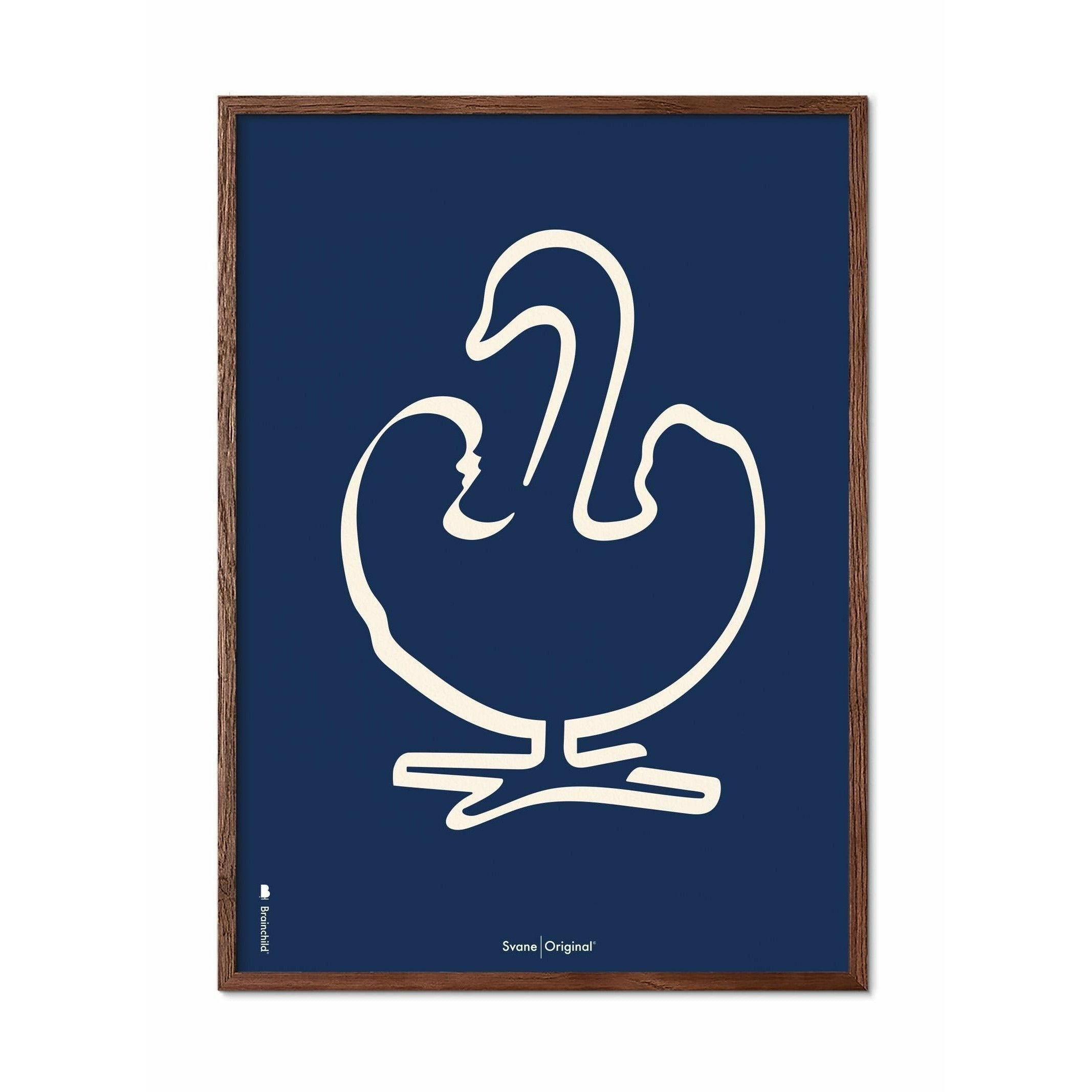 Brainchild Swan Stroke -affisch, ram i mörkt trä 30x40 cm, blå bakgrund