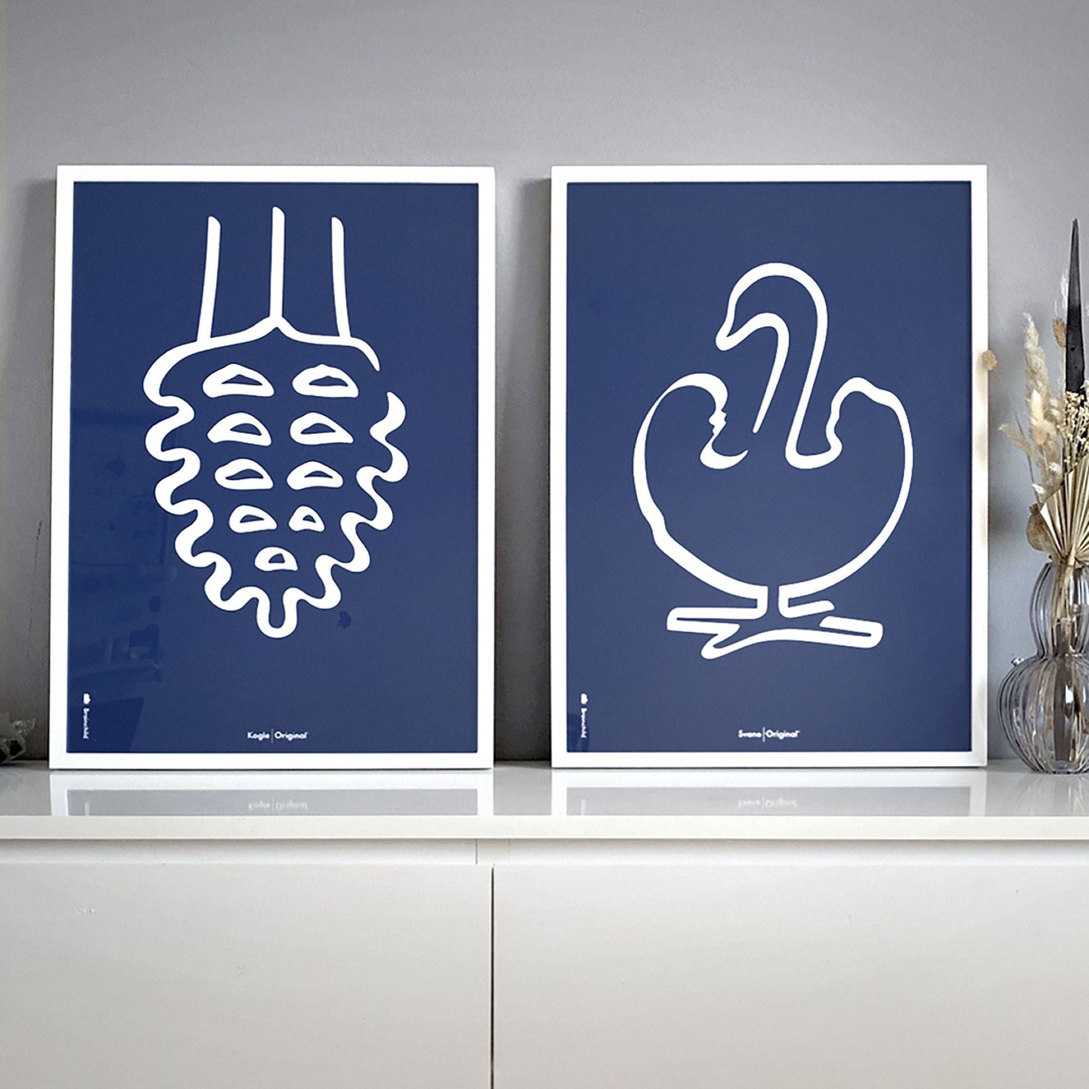 Brainchild Swan Stroke -affisch, ram i mörkt trä 50x70 cm, blå bakgrund