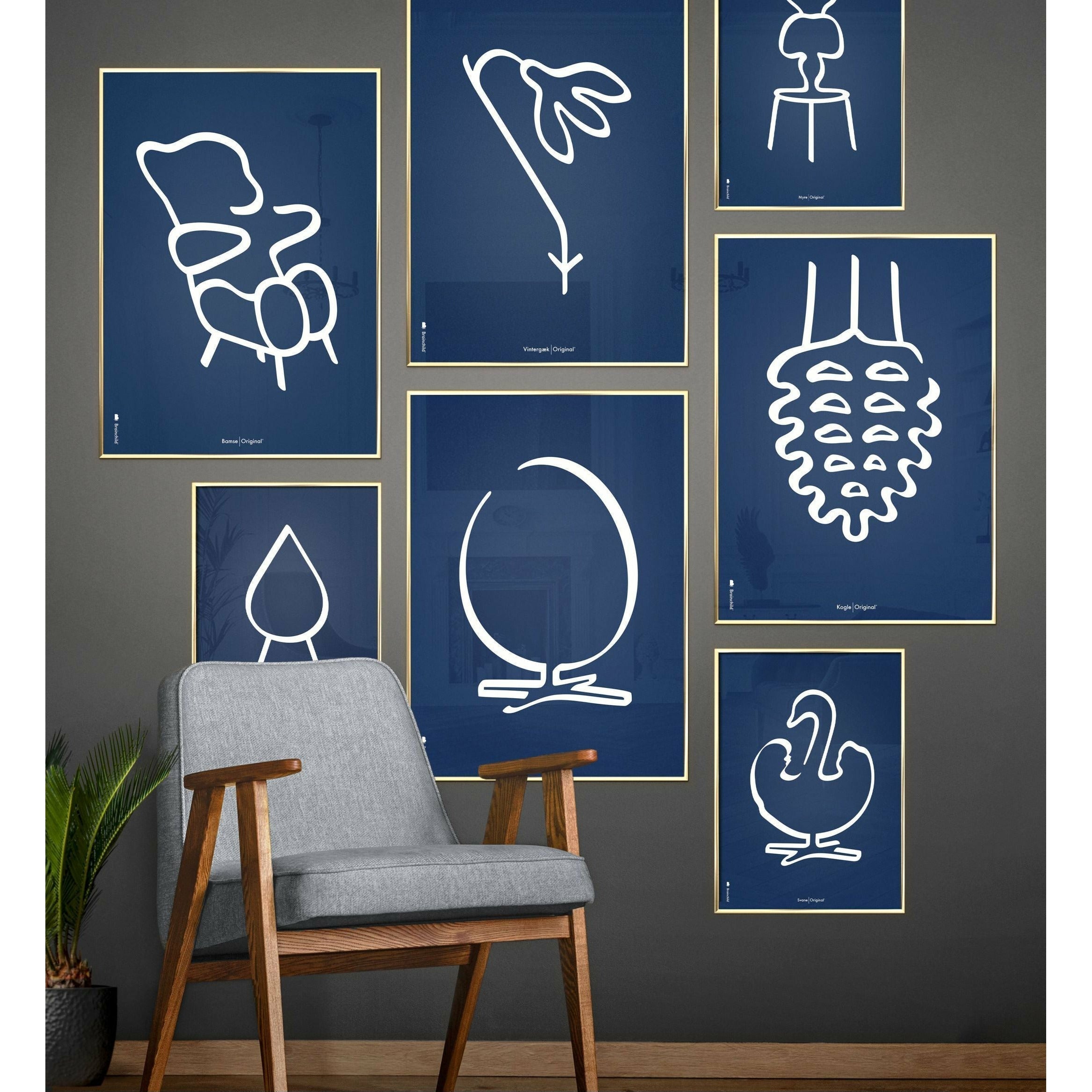 Brainchild Swan Stroke -affisch, ram i lätt trä A5, blå bakgrund