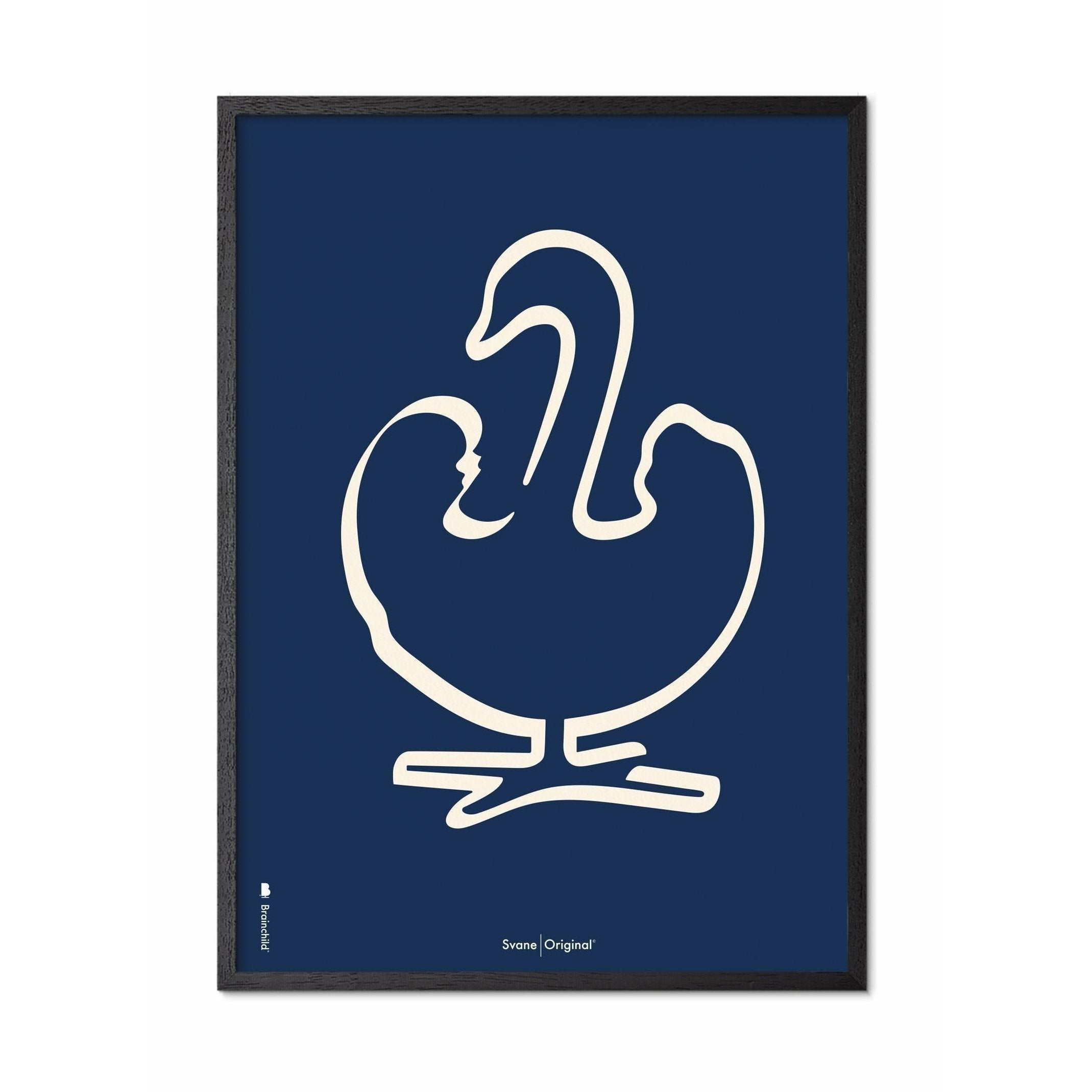 Brainchild Swan Stroke -affisch, ram i svart -målat trä A5, blå bakgrund