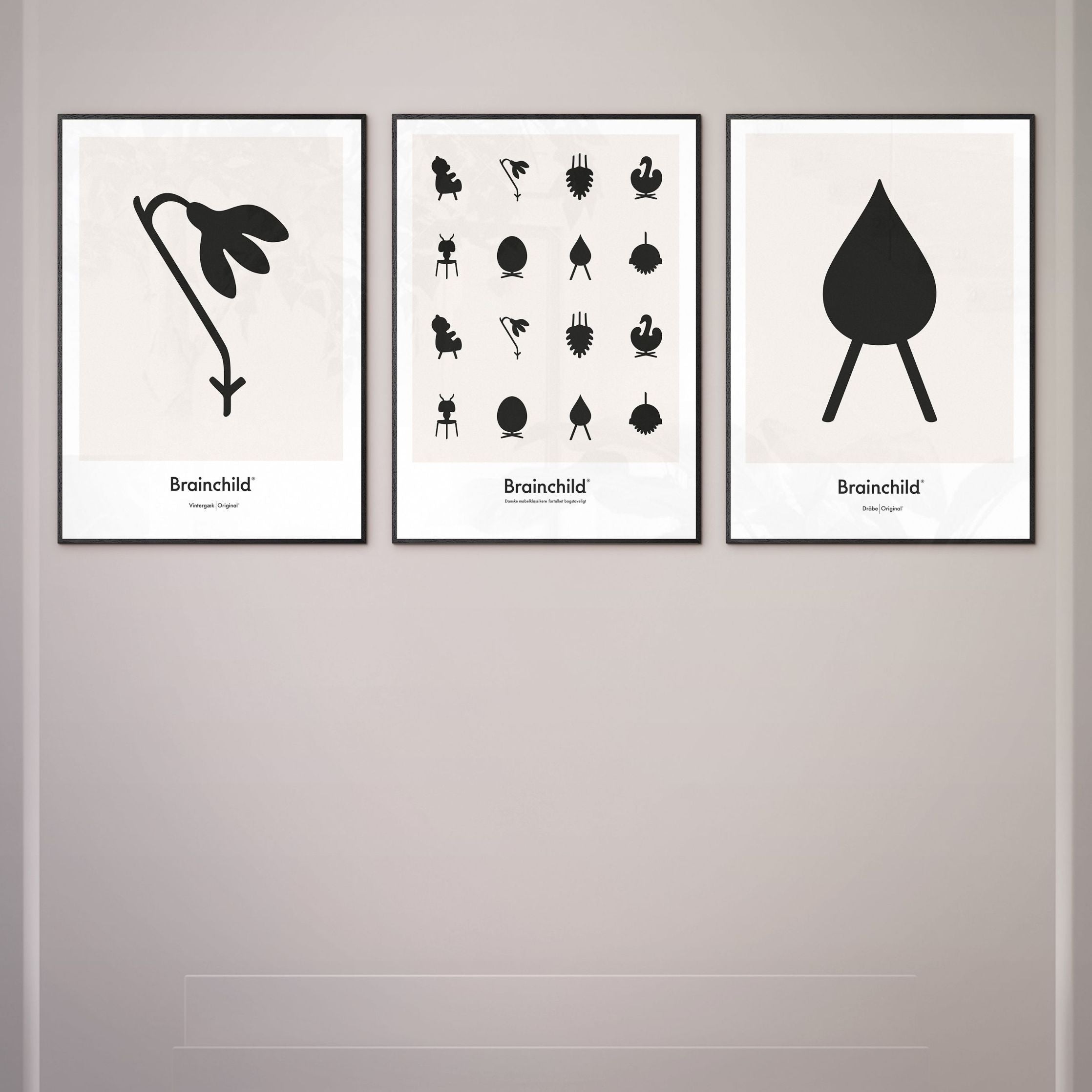 Brainchild Drop Design Icon -affisch, ram i mörkt trä 70x100 cm, grå