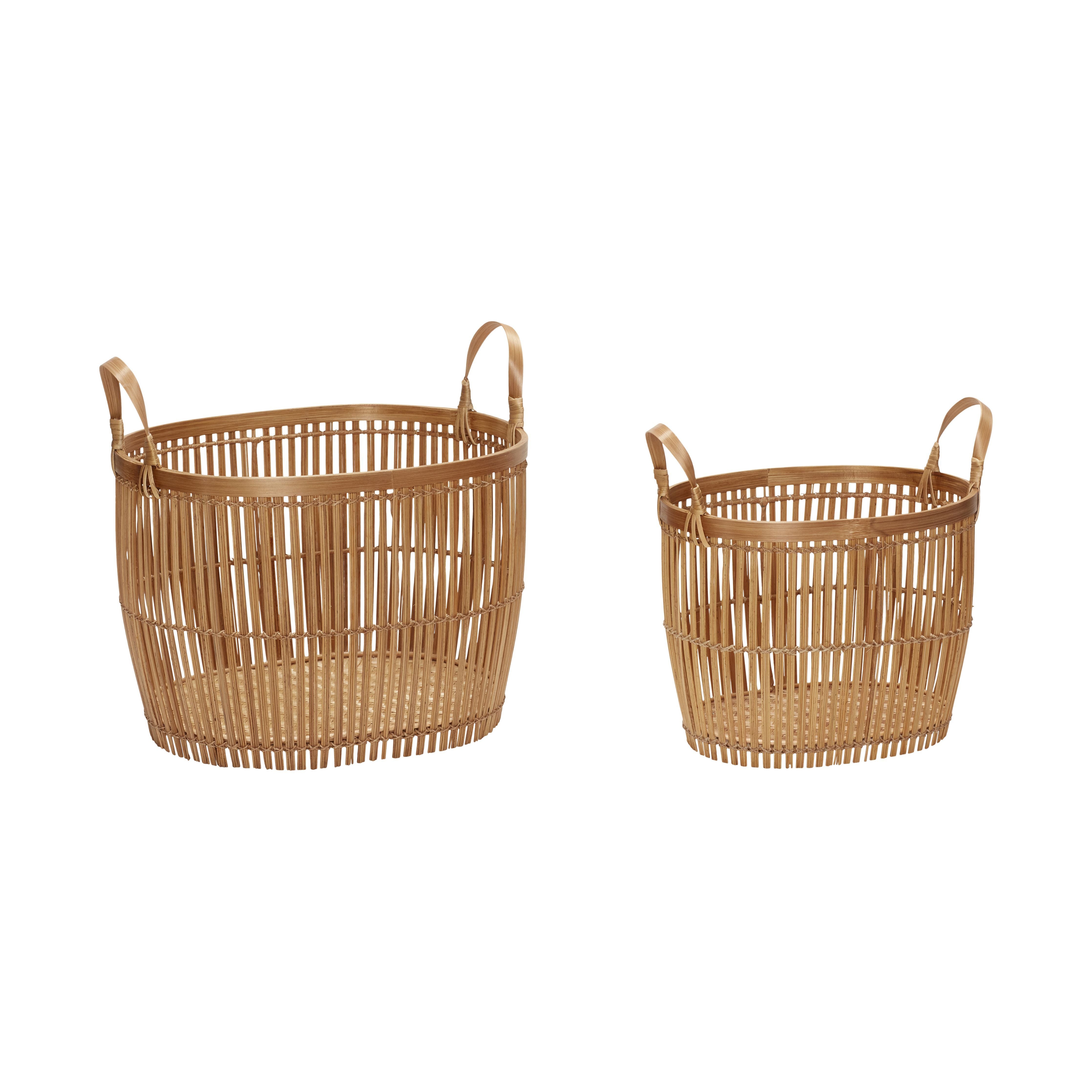 Hübsch Vantage Basket With Hank Round Bamboo Nature Set med 2, 37/38x36/47x29/33 cm