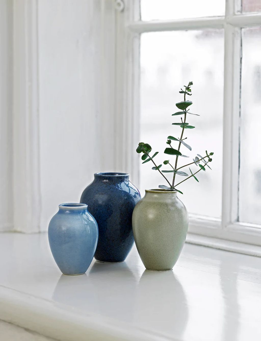 Knabstrup Keramik Vase med 3, h 11/9,5/8 cm, mörkblå/ljusblå/olivgrön