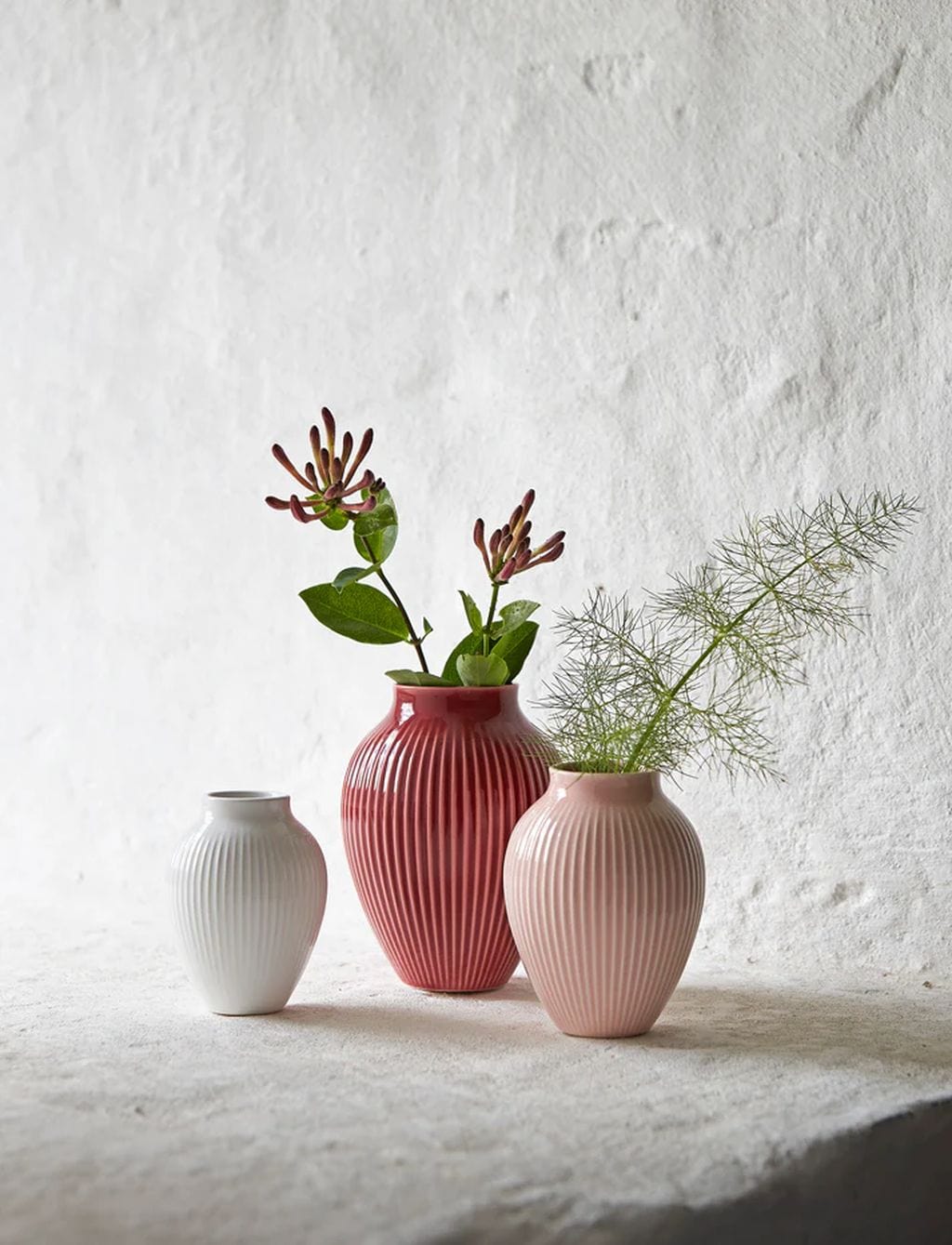 Knabstrup Keramik Vas med spår set med 3, 11/9,5/8 cm, Bordeaux/rosa/vit