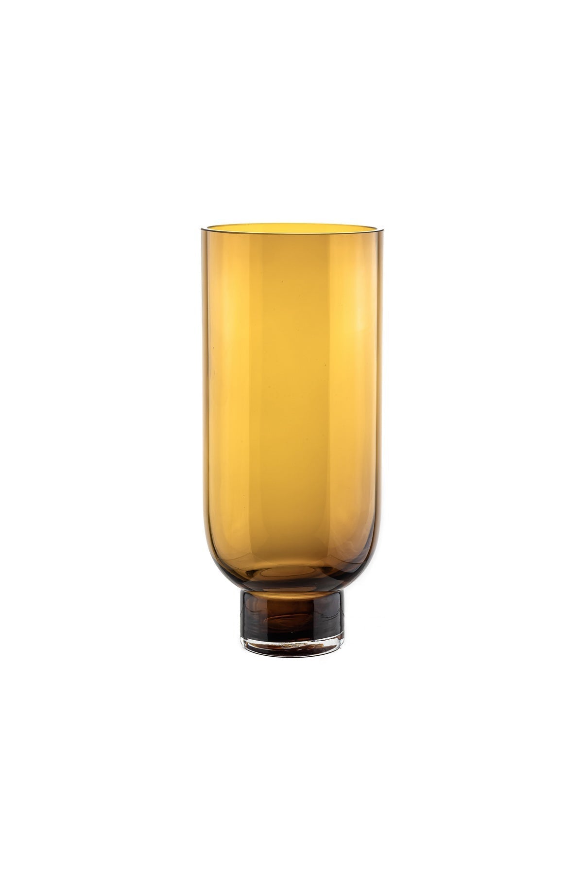 Sober modern glass vase, cylindrical shape on a solid base, warm dark