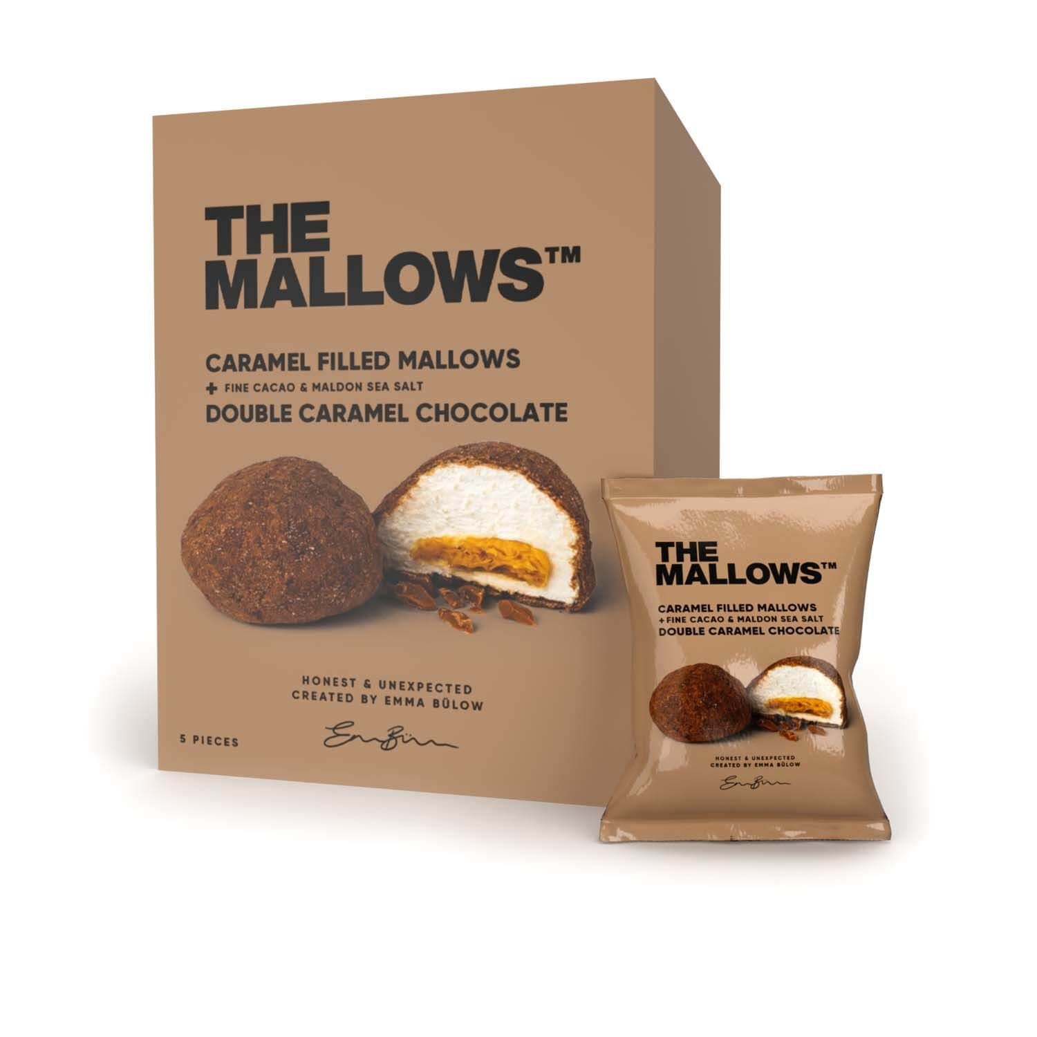 The Mallows Marshmallows med karamellfyllning och choklad - dubbel karamellchoklad, 90 g