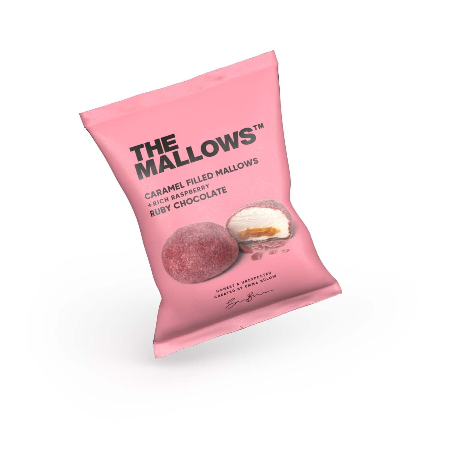 The Mallows Marshmallows med karamellfyllning och choklad - rubinchoklad, 18g
