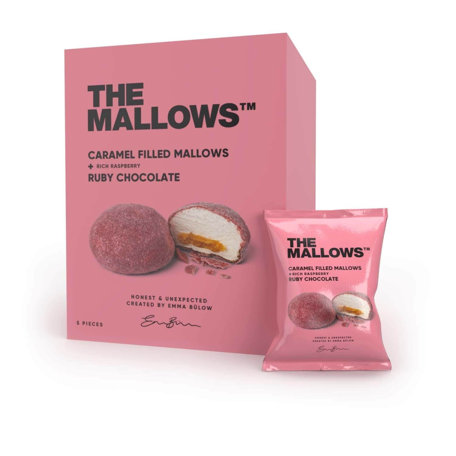 The Mallows Marshmallows med karamellfyllning och choklad - rubinchoklad, 90 g