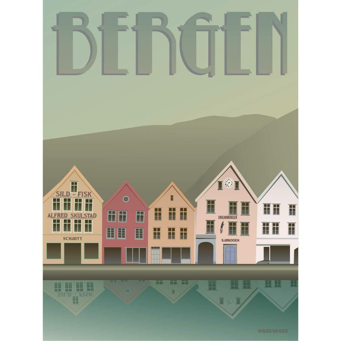 Vissevasse Bergen Bryggen -affisch, 50x70 cm